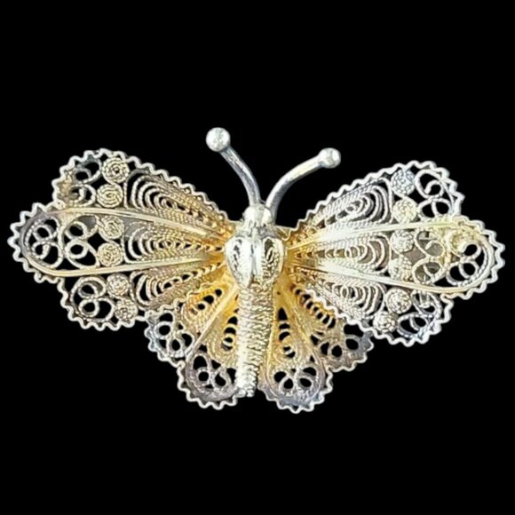 Vintage Mid-Century Gold Vermeil Overlay Filigree Butterfly Brooch/Pin - Picture 2 of 9